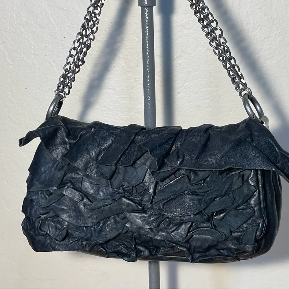 AllSaints Black Ruffled Leather Shoulder Bag Soft Leather Gunmetal Hardware